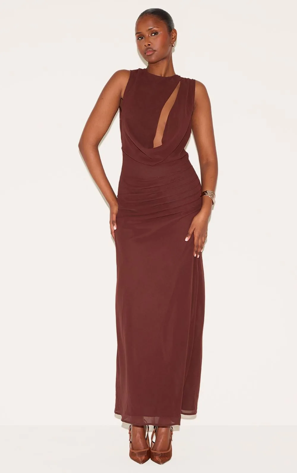 Chiffon Keyhole Ruched Detail Maxi Dress