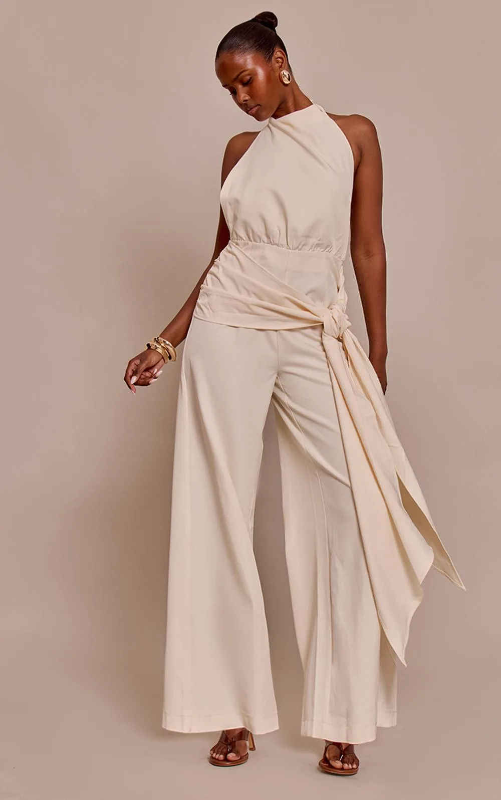 Woven Halterneck Wrap Detail Wide Leg Jumpsuit by PrettyLittleThing