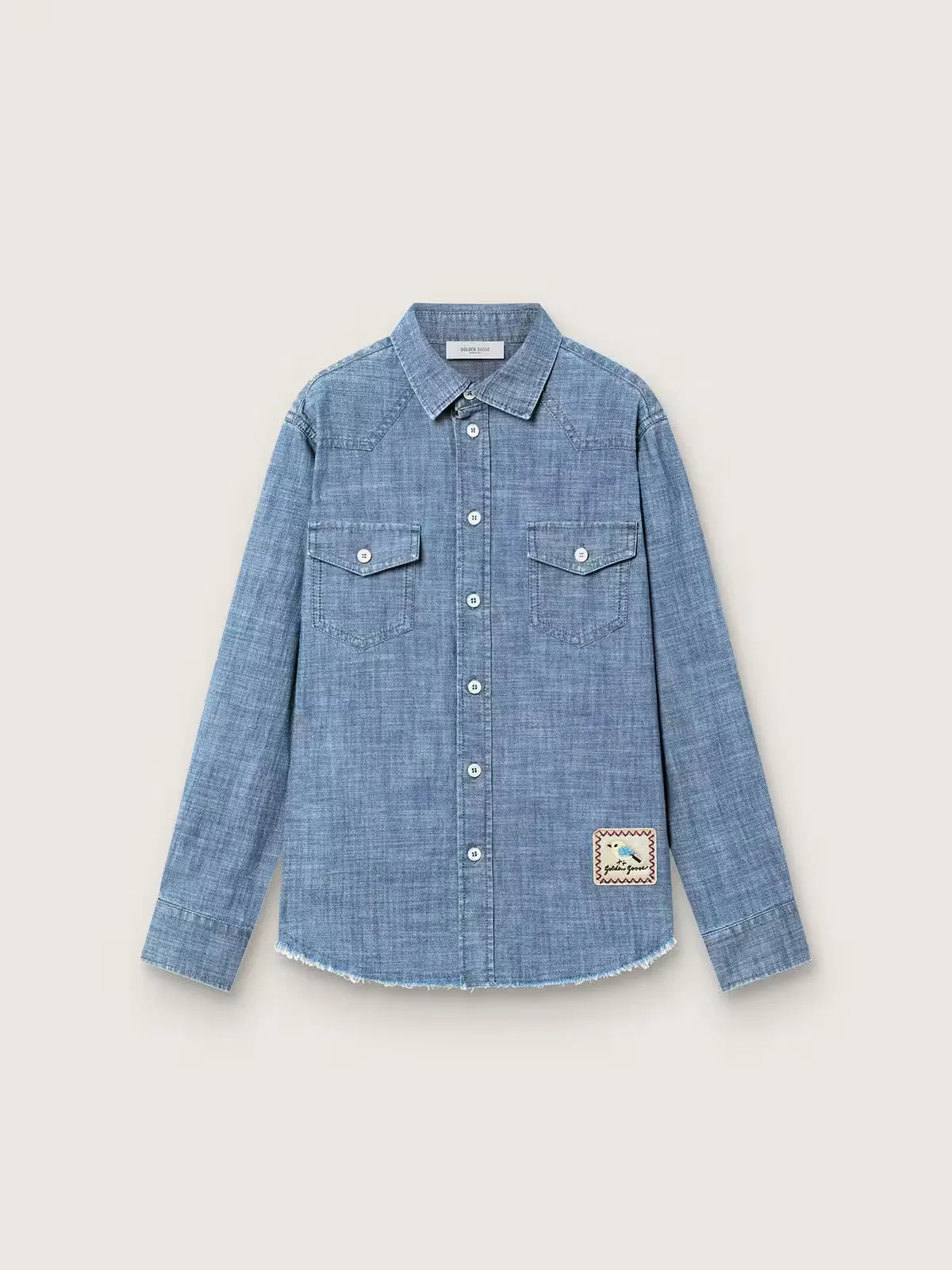 Journey Shirt in Cotton Chambray with Fringed Hem and Embroidered Patch by Golden Goose