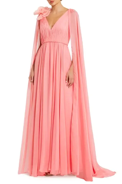 Chiffon V-Neck Cape Sleeve Gown with Floral Shoulder Detail by Mac Duggal
