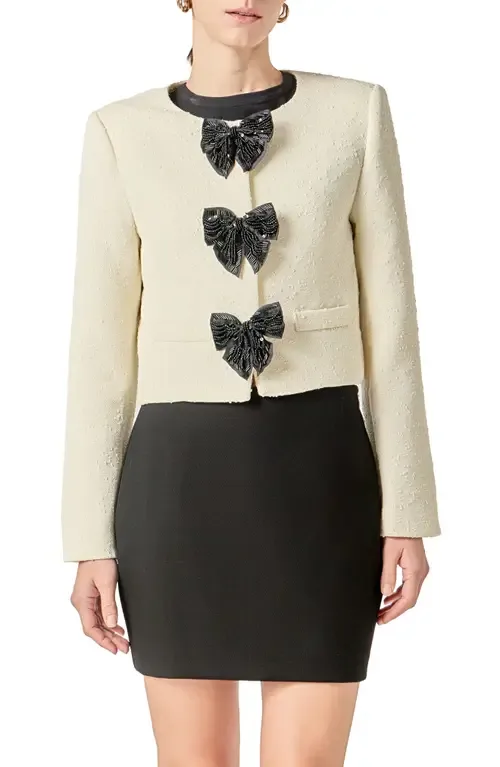 Sequin Bow Jacquard Crop Jacket by English Factory