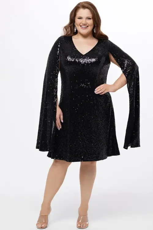 Sequin V-Neck Cape Sleeve Party Dress by Celebrations by Sydney's Closet