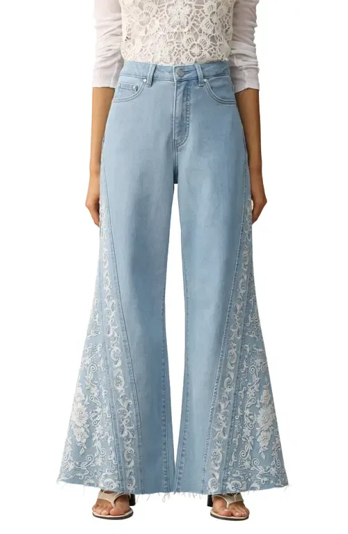 Embroidered High Waist Raw Hem Flare Jeans by Bayeas