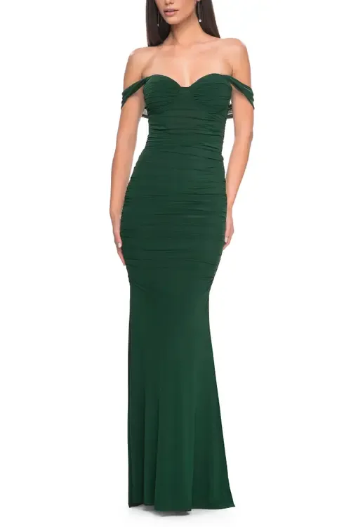 Off the Shoulder Net Jersey Dress with Ruching by La Femme