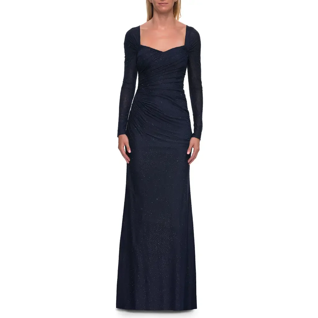 Long Sleeve Rhinestone Jersey Gown with Sweetheart