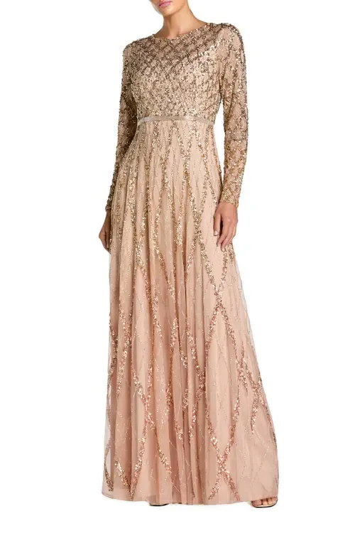 Mesh Sequin Long Sleeve a Line Gown by Mac Duggal