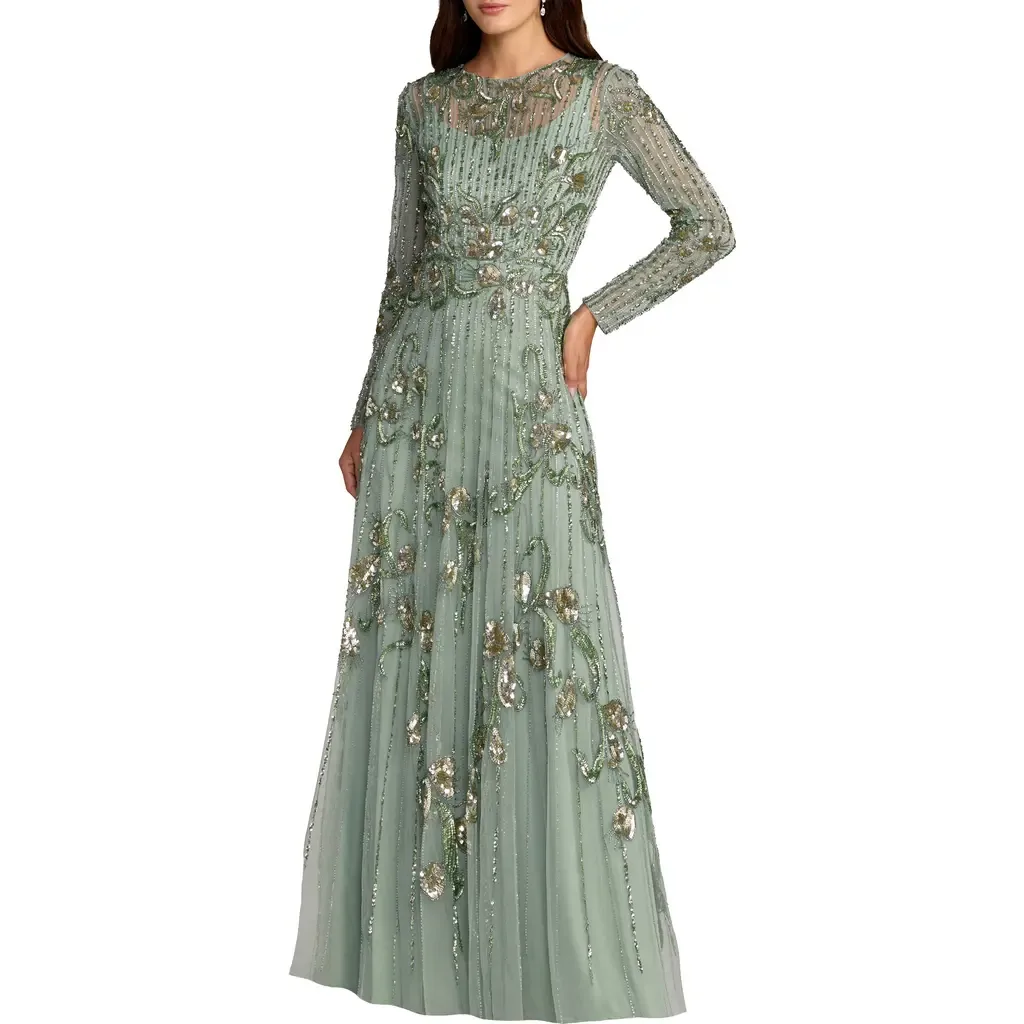 Embellished Long Sleeve A-Line Gown