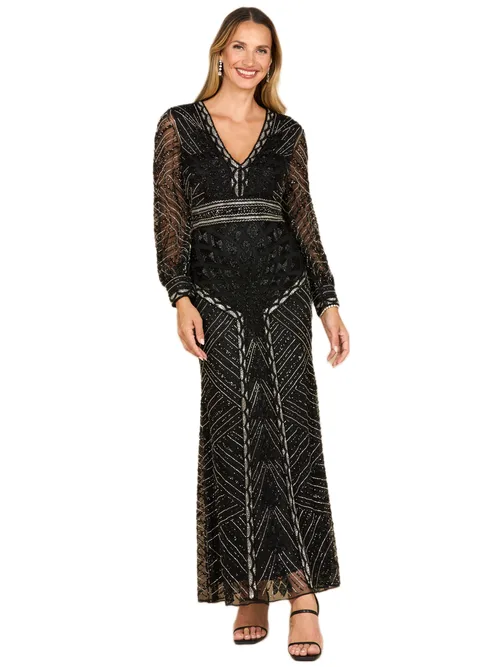 V-Neck Beaded Long Sleeve Dress by LARA New York