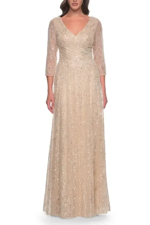 Beaded Sequin Dress with Ruched Waist and V Neckline by La Femme