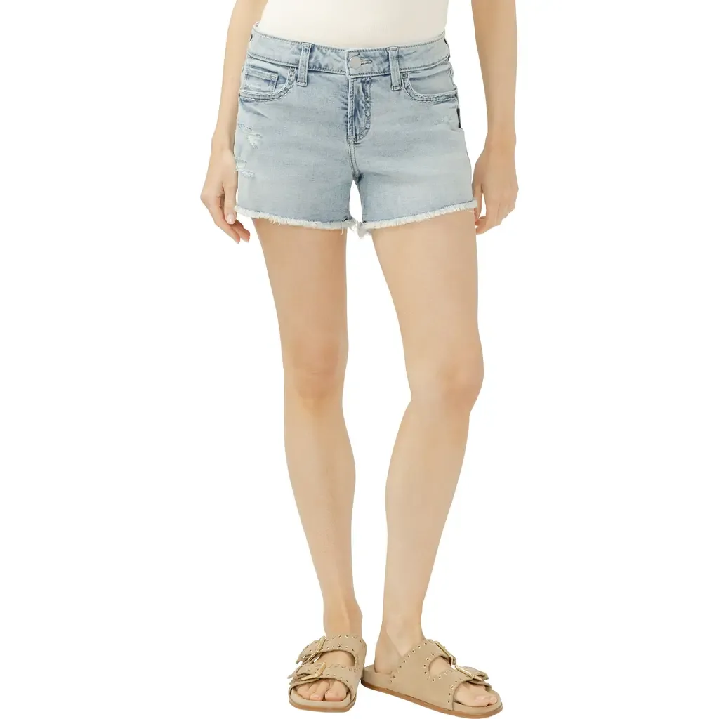 Elyse Curvy Frayed Mid Rise Denim Shorts by Silver Jeans Co.