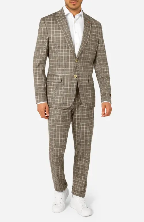 Daily Slim Fit Tan Glen Check Stretch Suit