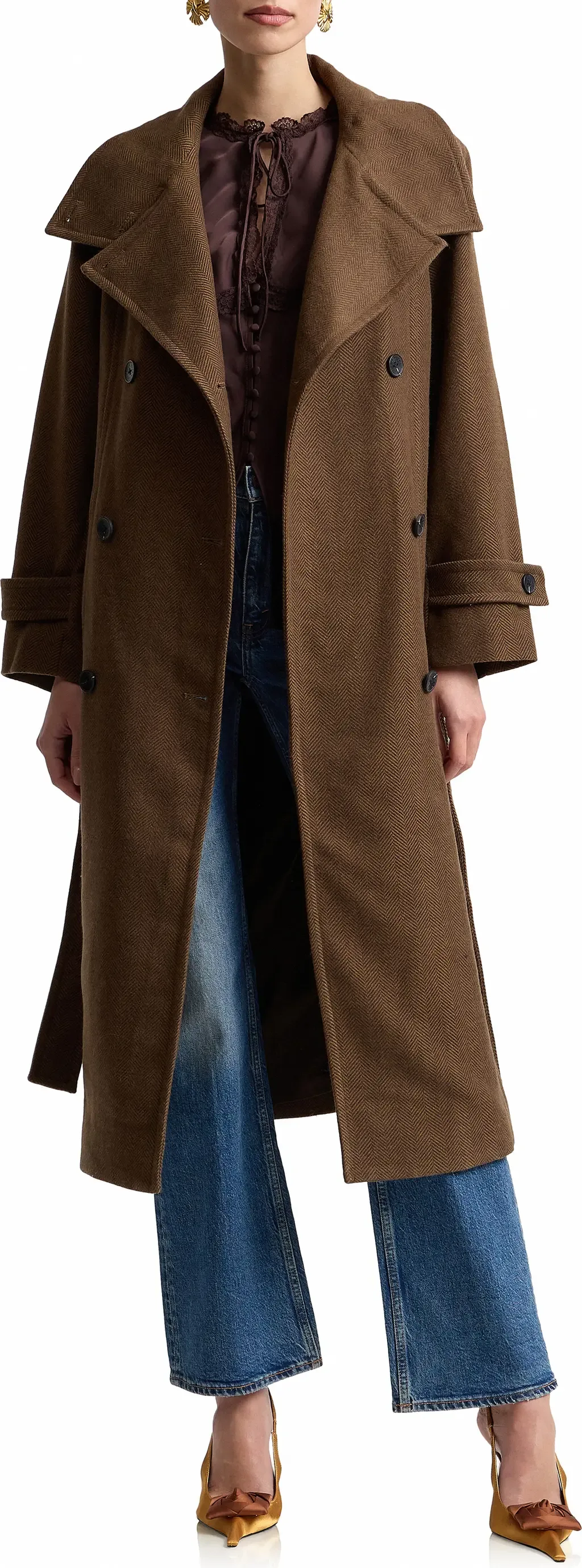 Belted Funnel Neck Herringbone Trench Coat