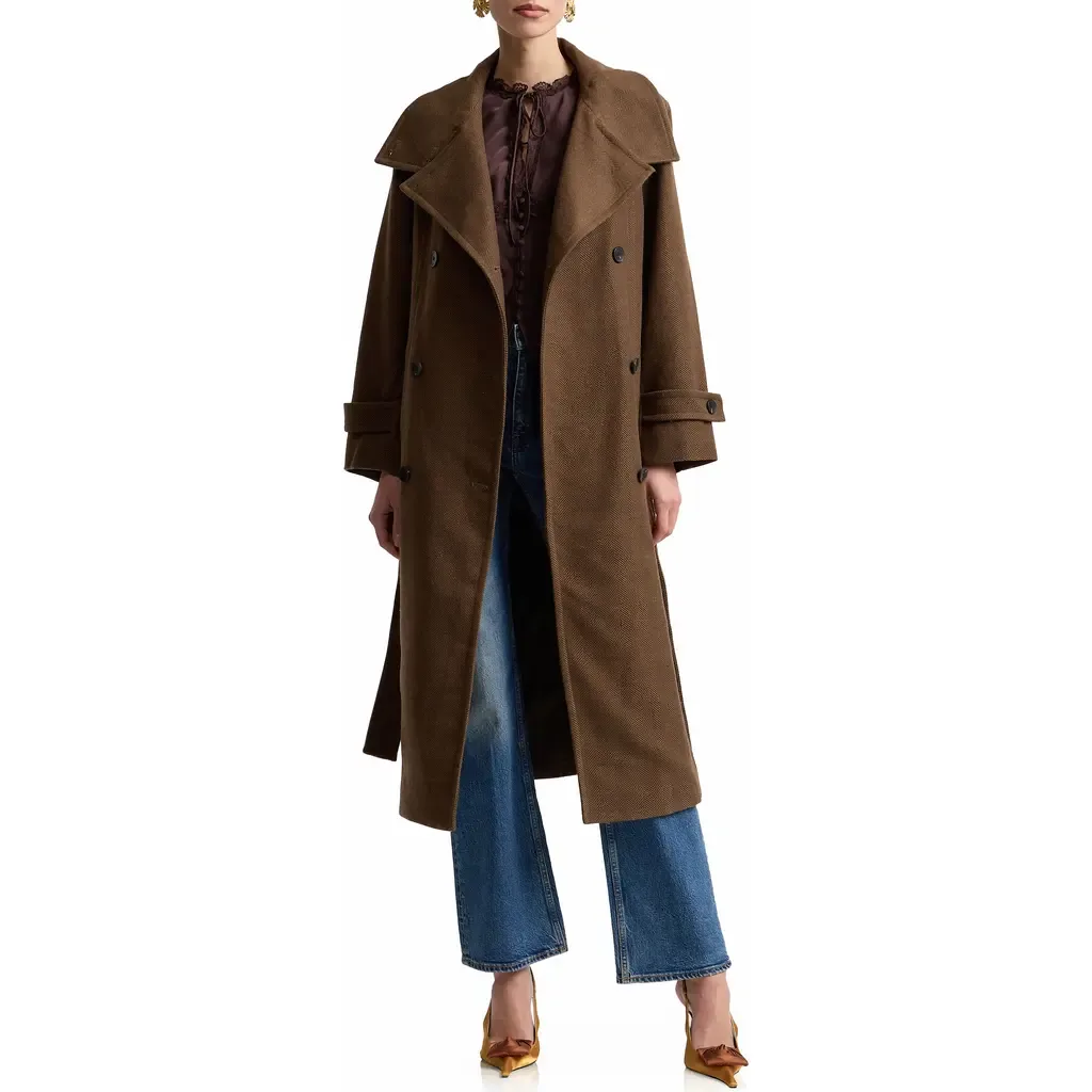 Belted Funnel Neck Herringbone Trench Coat by Avec Les Filles