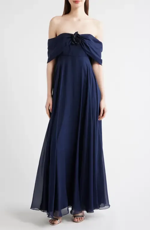 Rebecca Rosette Detail Off the Shoulder Silk Chiffon Gown by Sachin & Babi