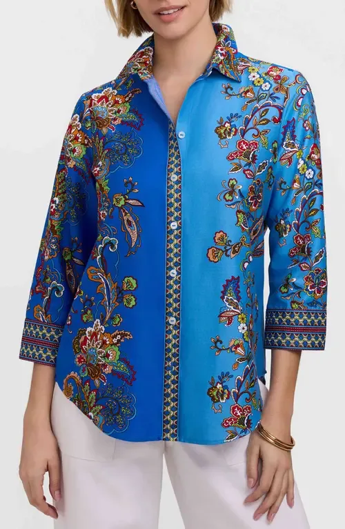 Margaret Floral Three-Quarter Sleeve Cotton Button-Up Shirt by Foxcroft