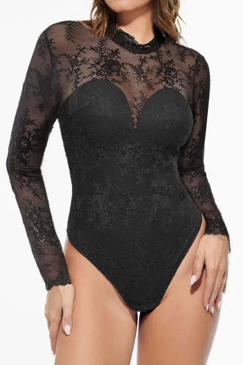 Shapewear Mock Neck Long Sleeve Floral Lace Bodysuit by Popilush