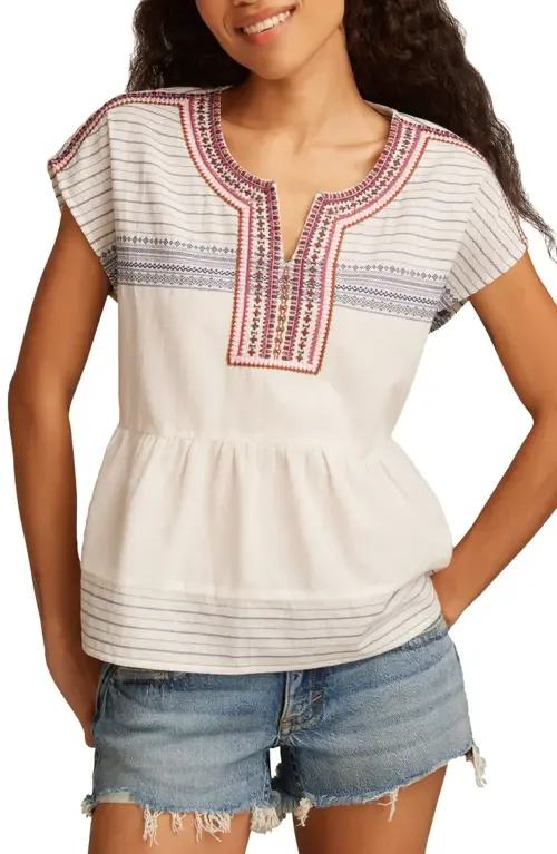 Embroidered Cotton Top in Cream and Navy Jacquard