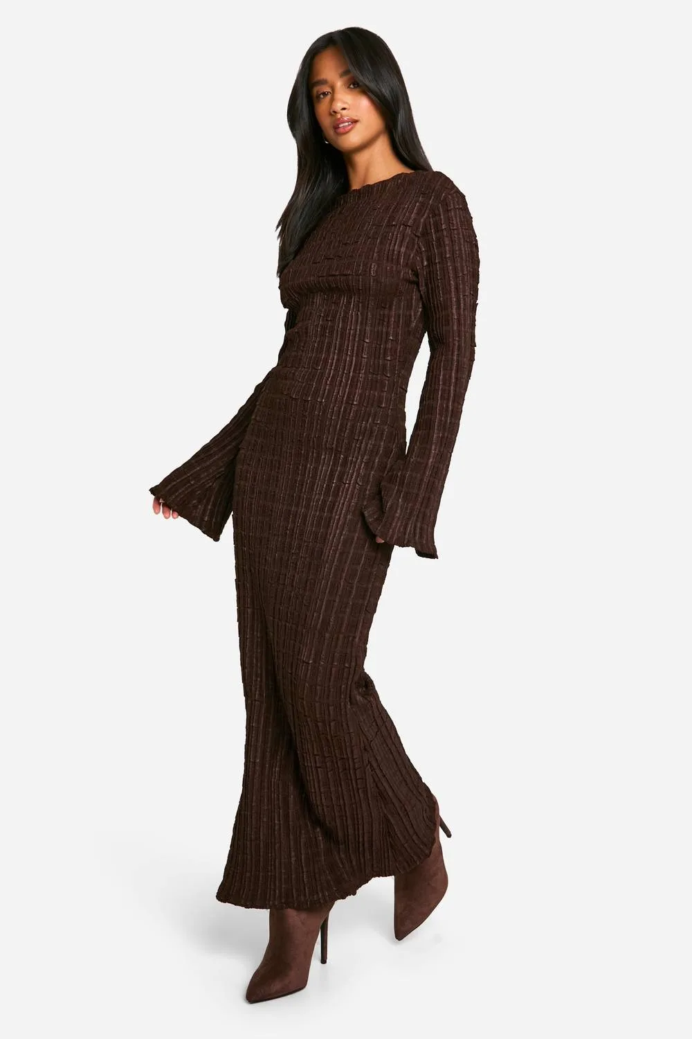 Crinkle Texture Flare Sleeve Column Maxi Dress by boohoo