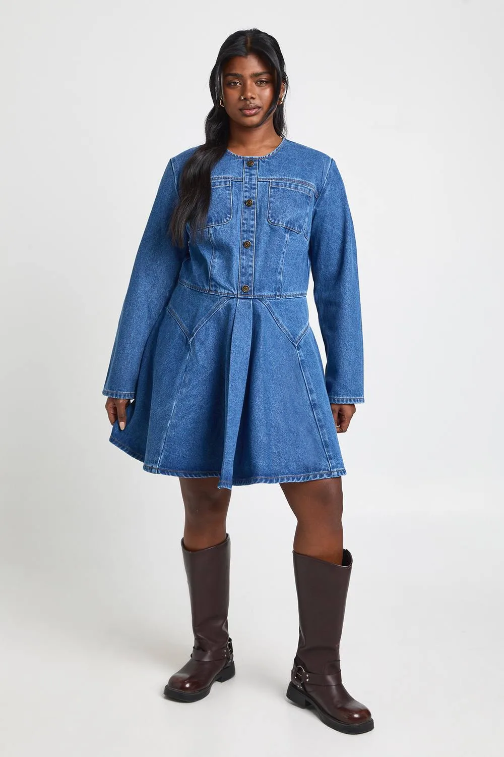 Denim Button Skater Dress by boohoo