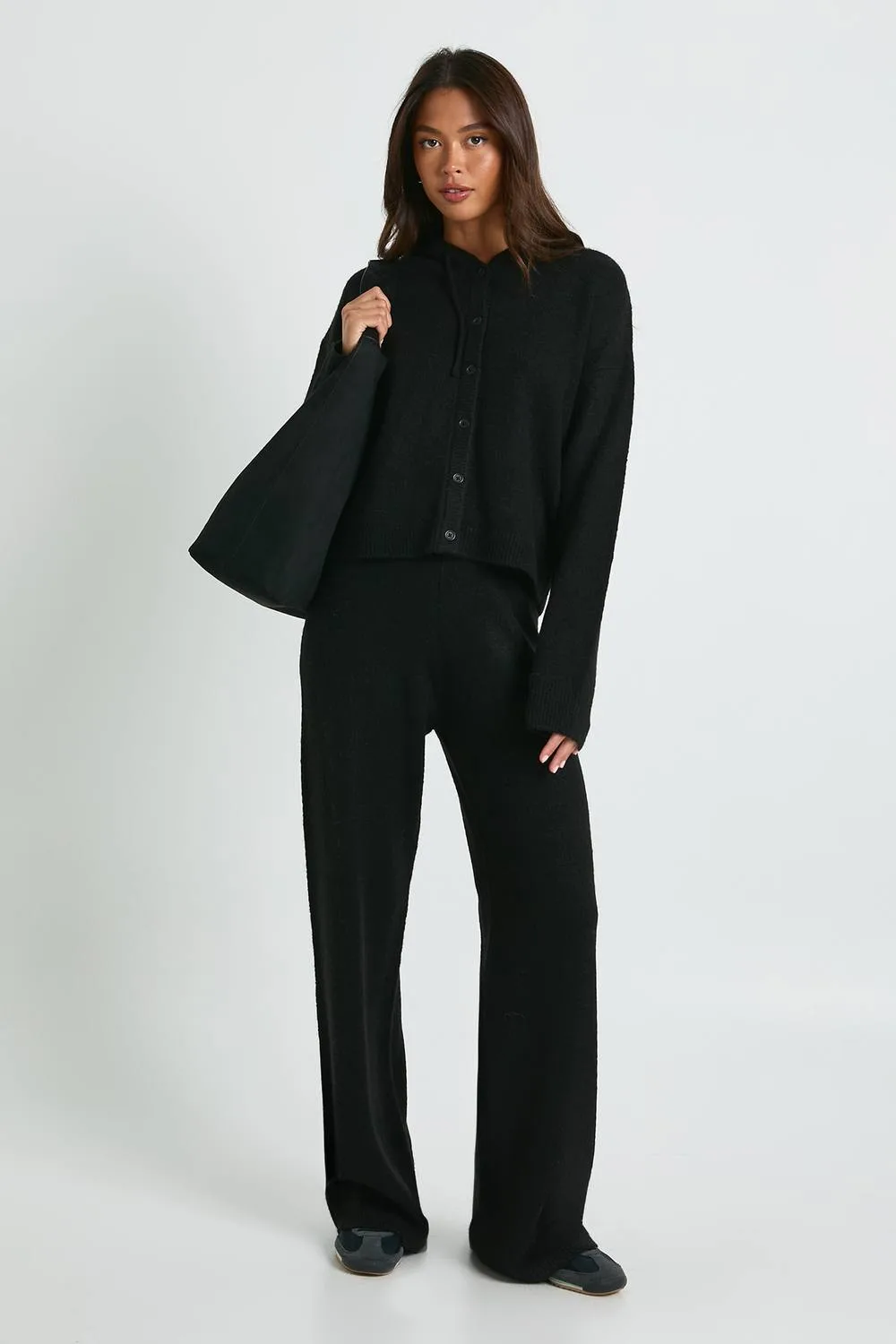 Knitted Oversized Button Through Hoody & Wide Leg Trouser