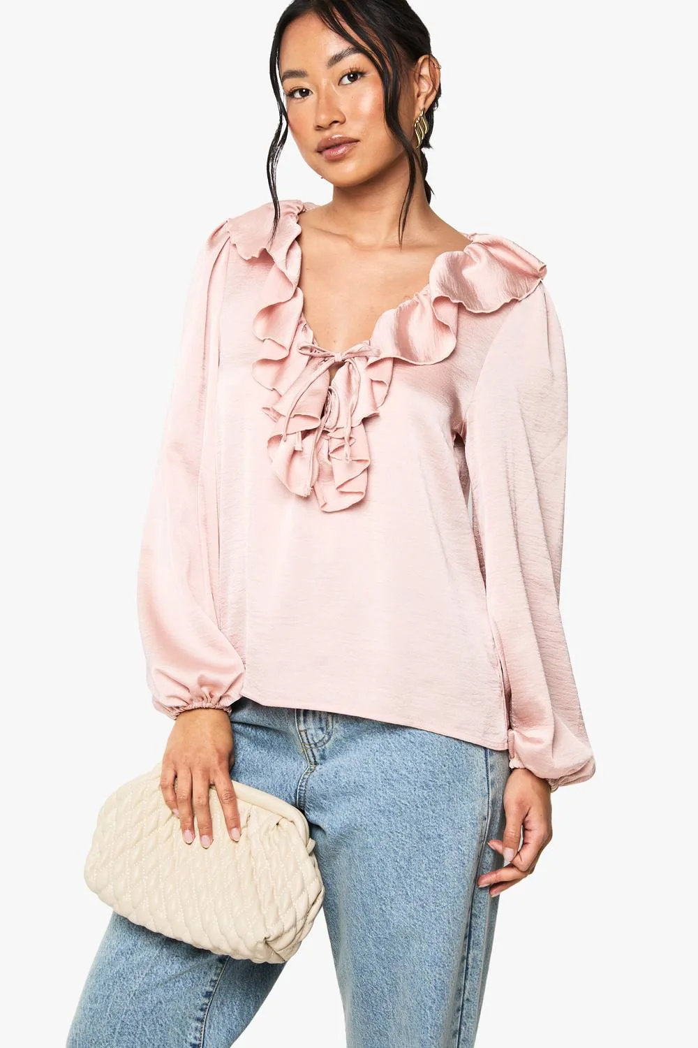 Hammered Satin Ruffle Blouse by boohoo