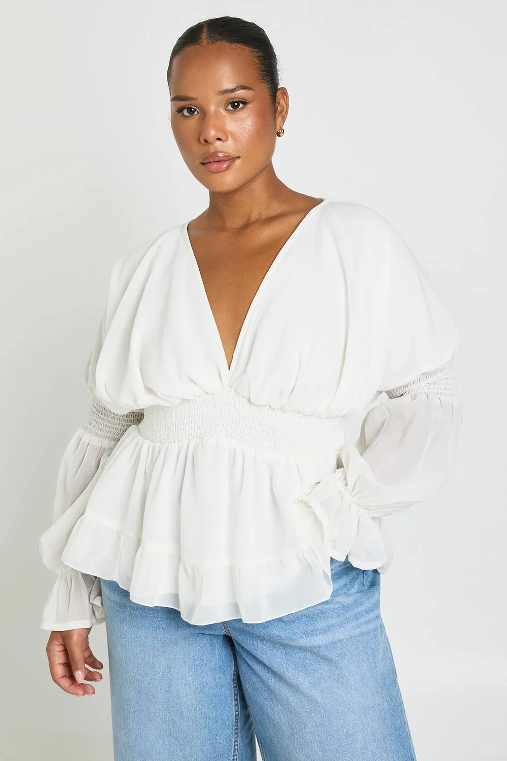 V Neck Blouson Sleeve Volume Smock Top by boohoo