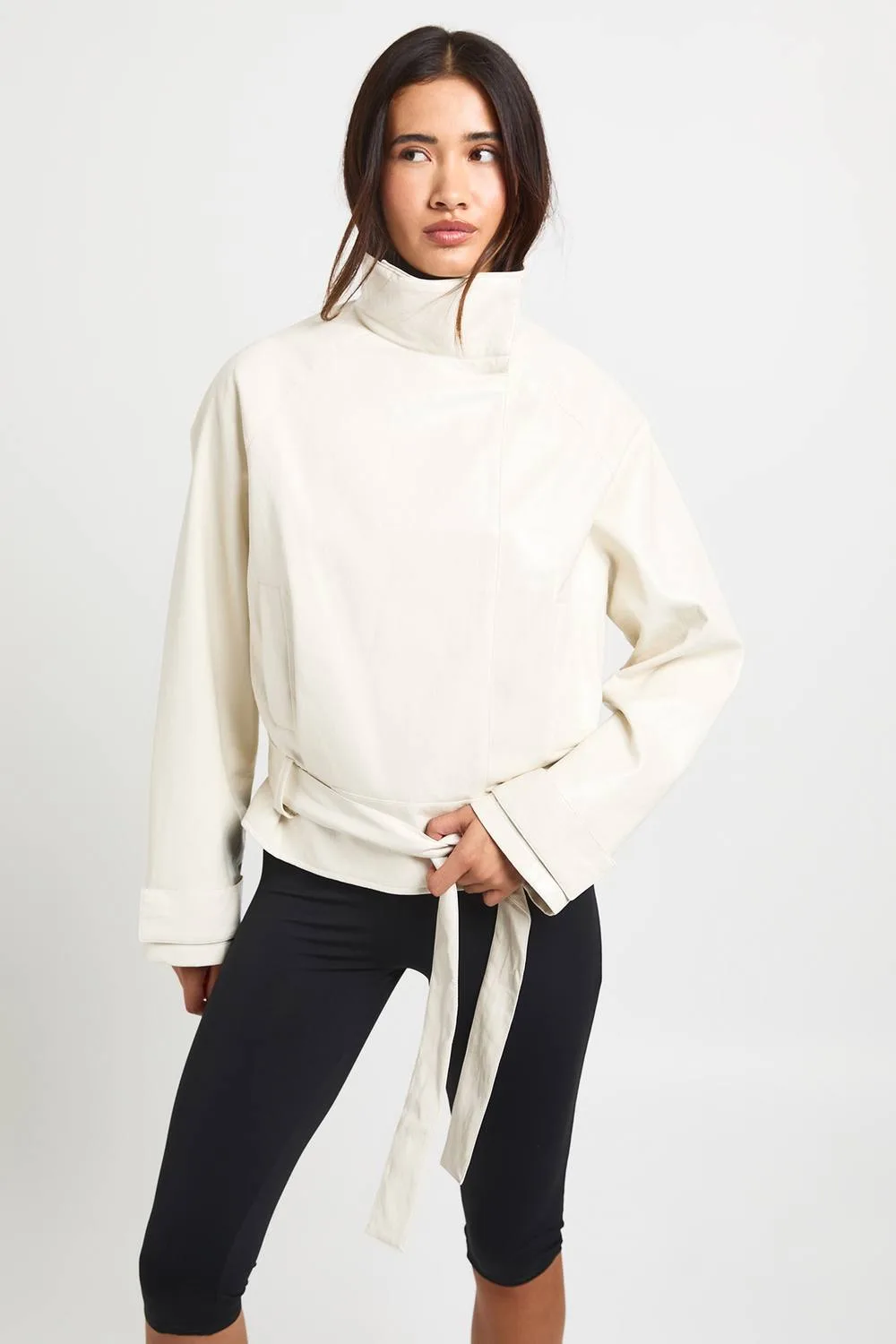 Funnel Neck Belted Faux Leather Jacket by boohoo
