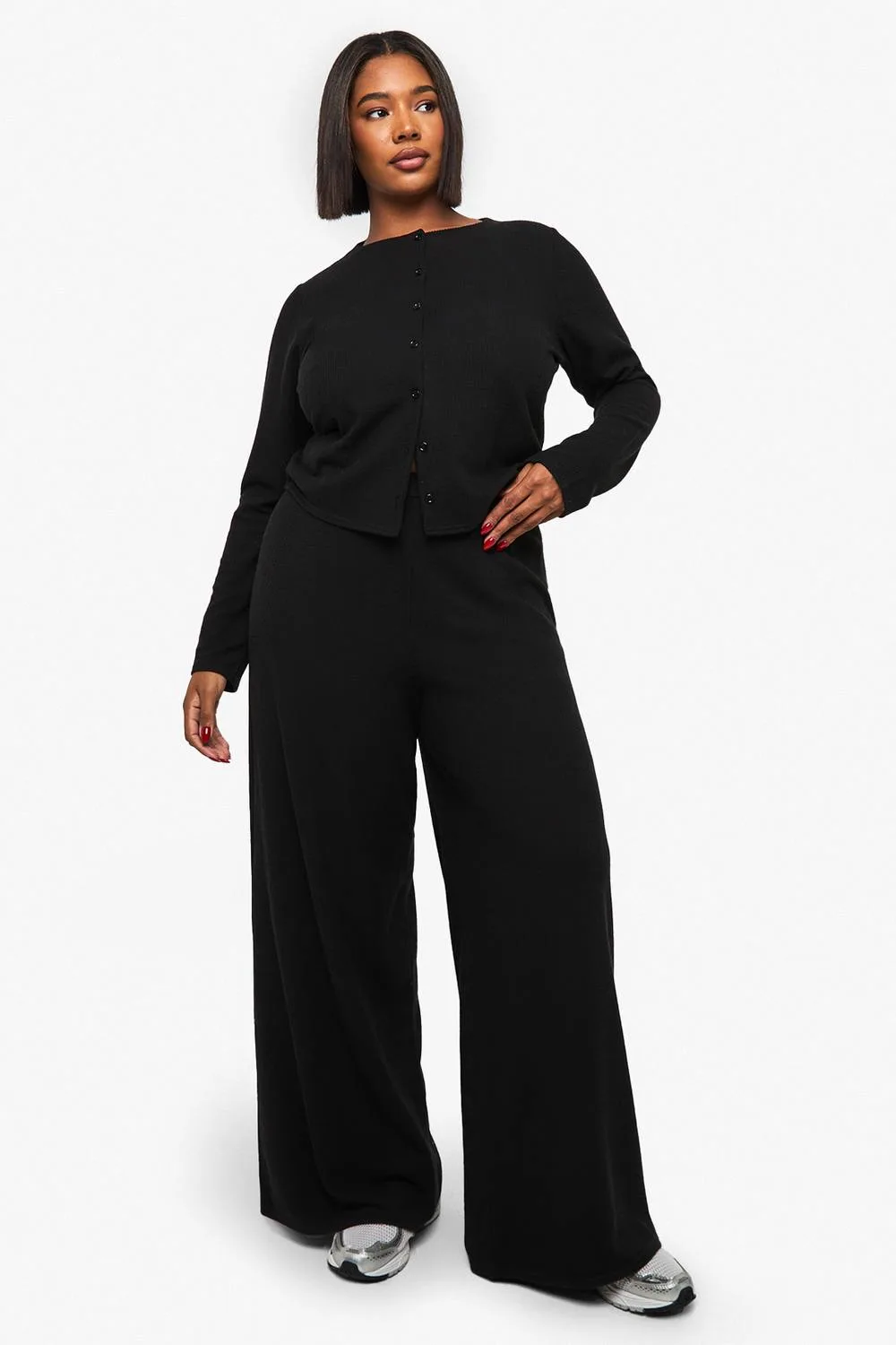 Rib Button Cardigan & Trouser Co-Ord by boohoo