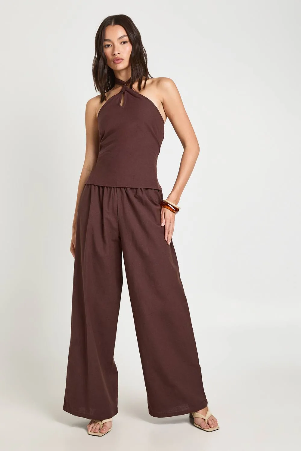 Linen Look Beaded Halter Neck Top & Slouchy Trouser Co-Ord by boohoo
