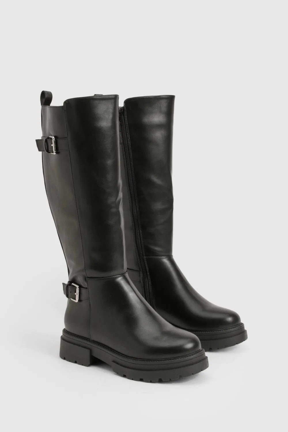 Wide Fit Double Buckle Knee High Biker Boots by boohoo