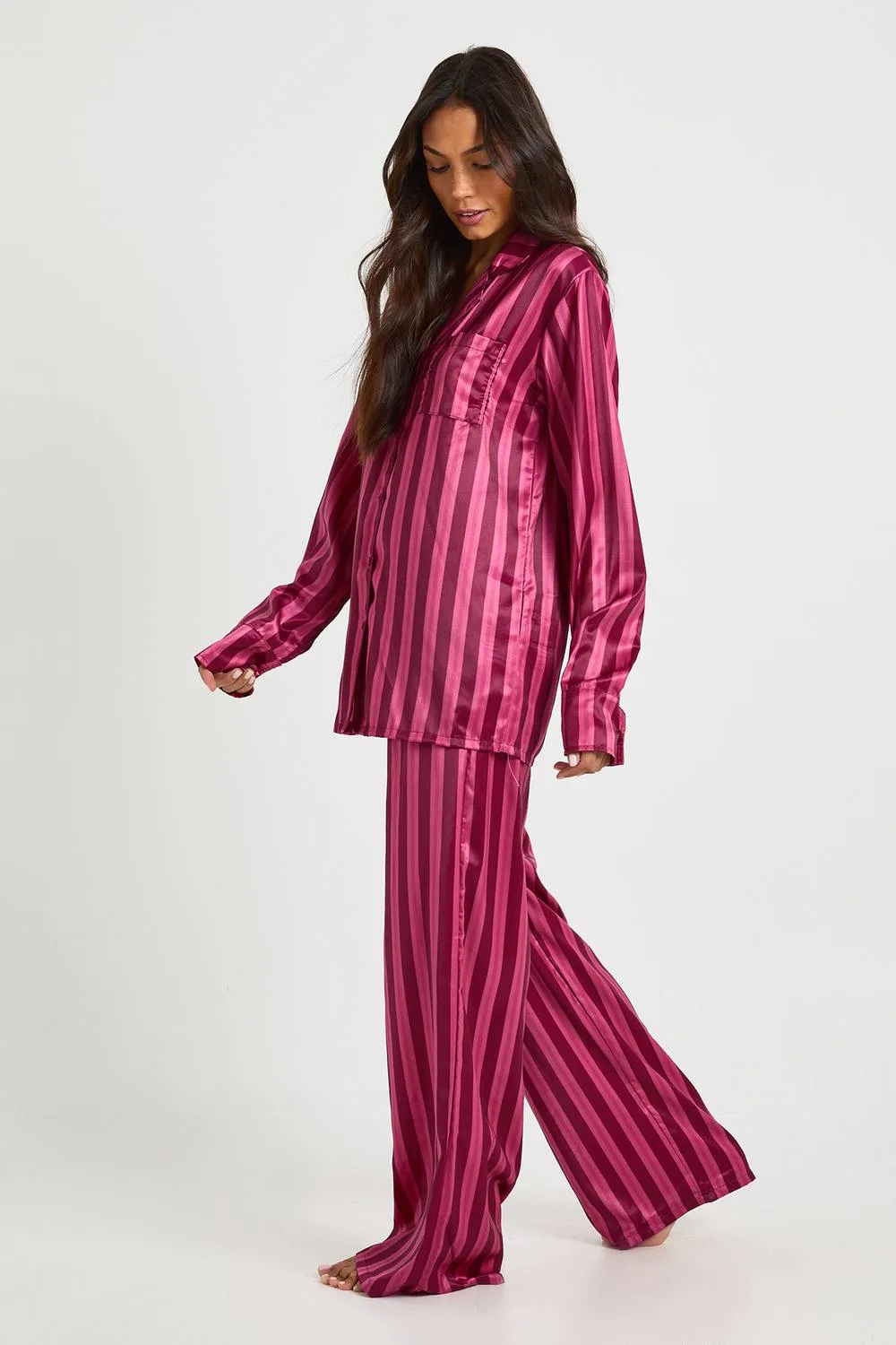 Oversized Satin Stripe Long Sleeve Shirt & Trousers Pyjama Set by boohoo