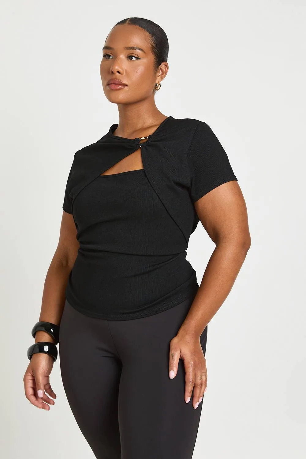 Rib Gold Trim Detail Cut Out Short Sleeve Top by boohoo