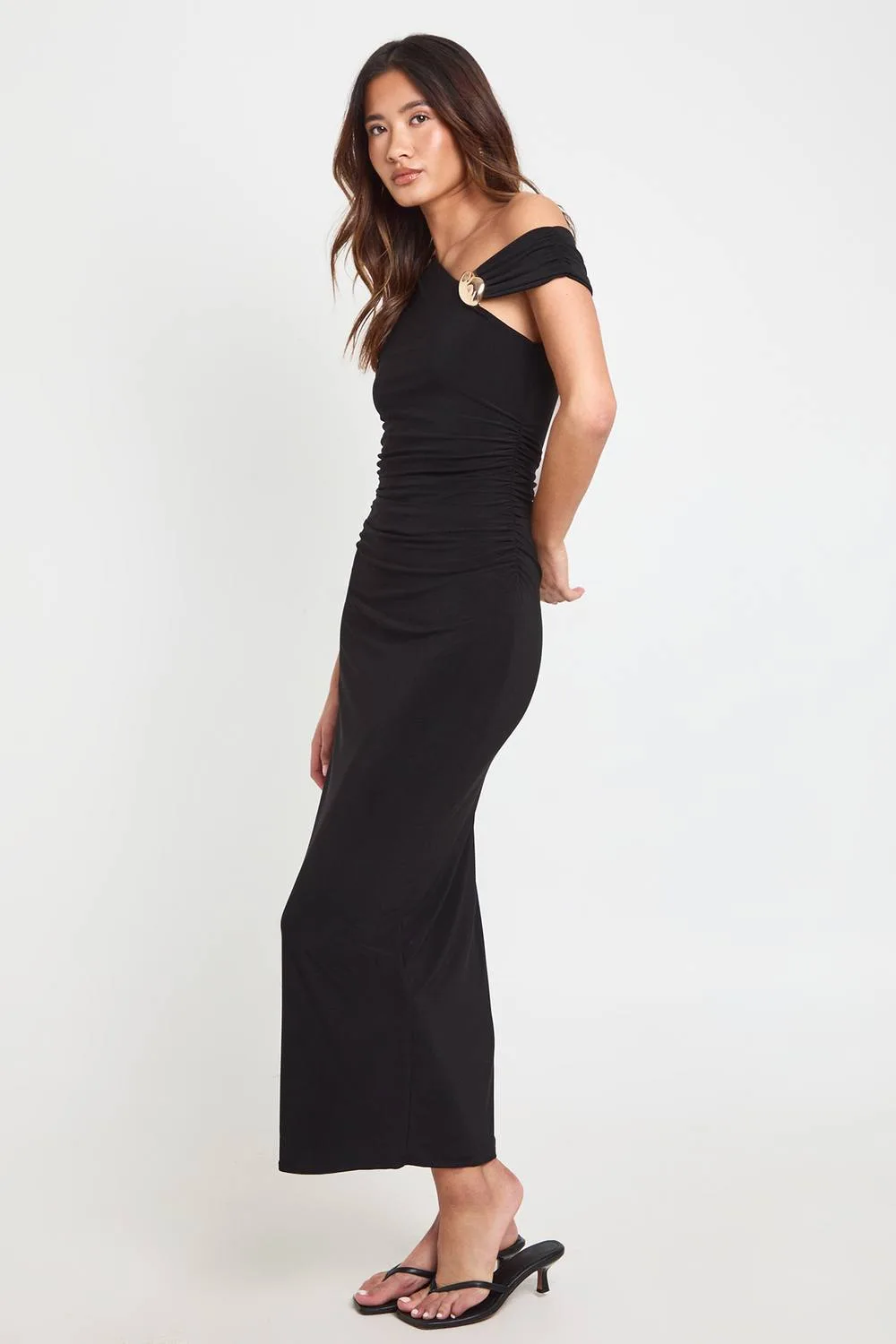 Double Layer Slinky Gold Trim One Shoulder Ruched Maxi Dress by boohoo