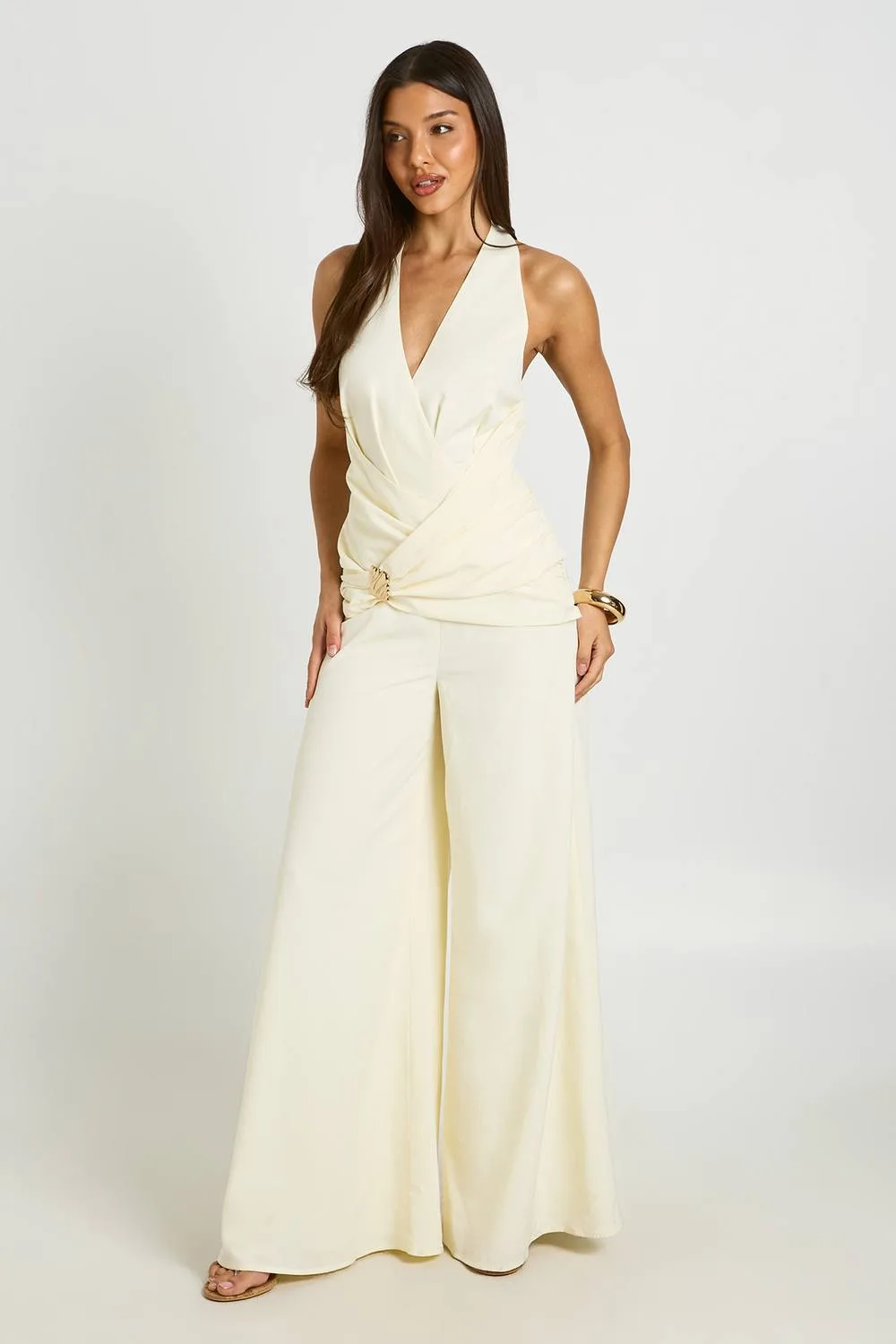 Halterneck Drape Detail Gold Trim Wide Leg Jumpsuit by boohoo