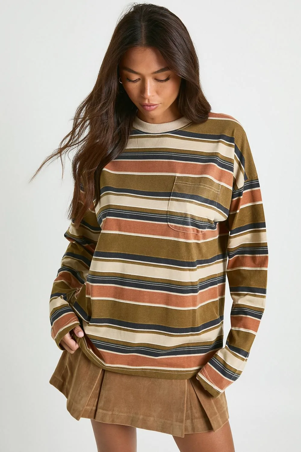 Striped Cotton Long Sleeve Pocket Detail Top by boohoo