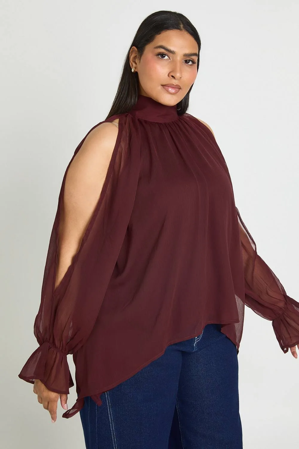 Chiffon Halterneck Long Sleeve Draped Blouse