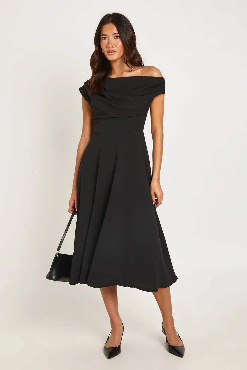 Crepe Asym Neck Skater Midi Dress by boohoo