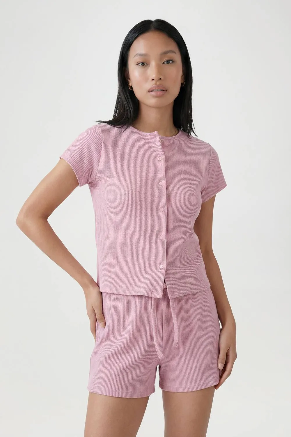 Crinkle Rib Button Through Cap Sleeve Top & Shorts Set by boohoo