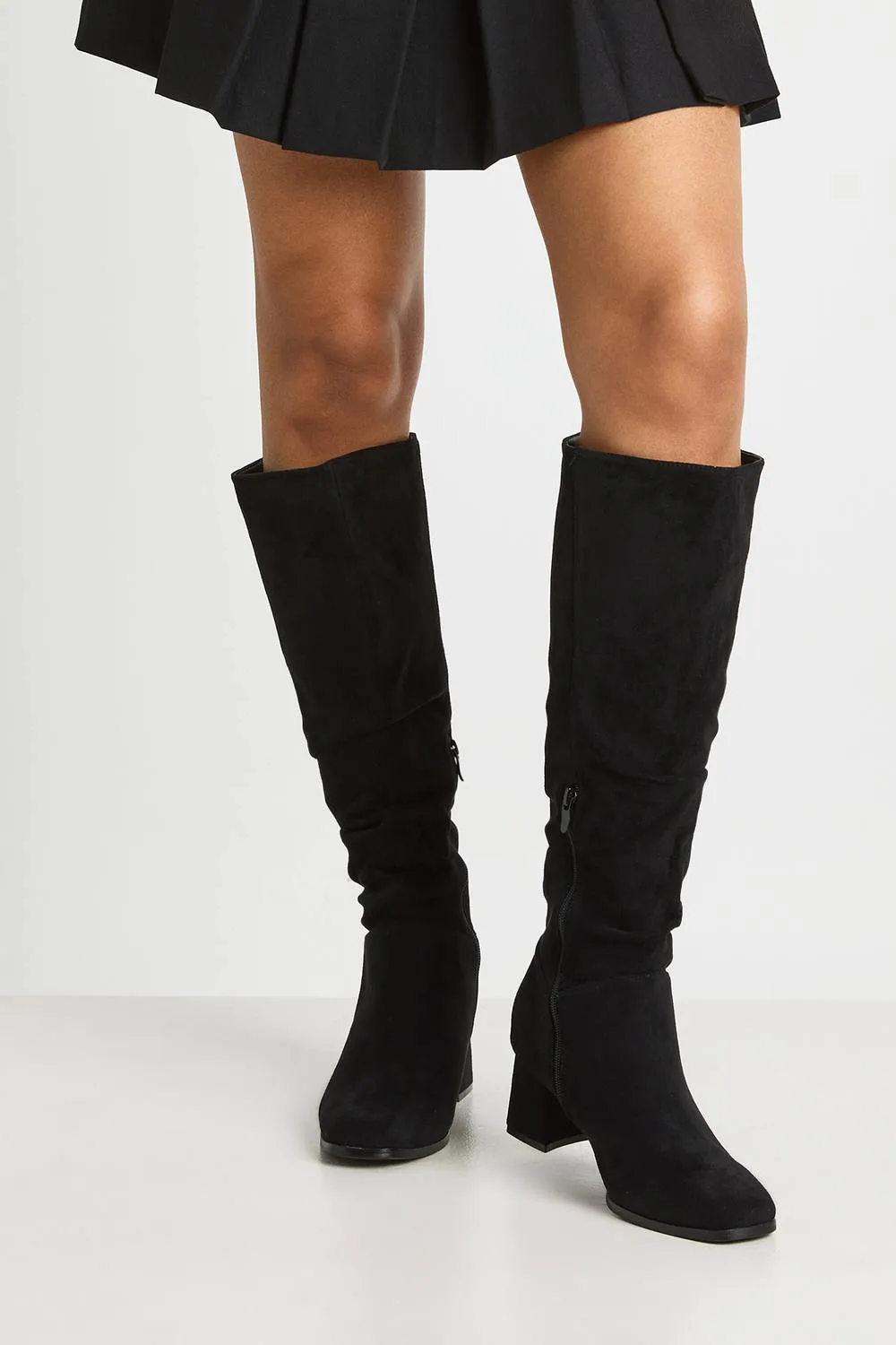 Faux Suede Ruched Low Block Heel Knee High Boots