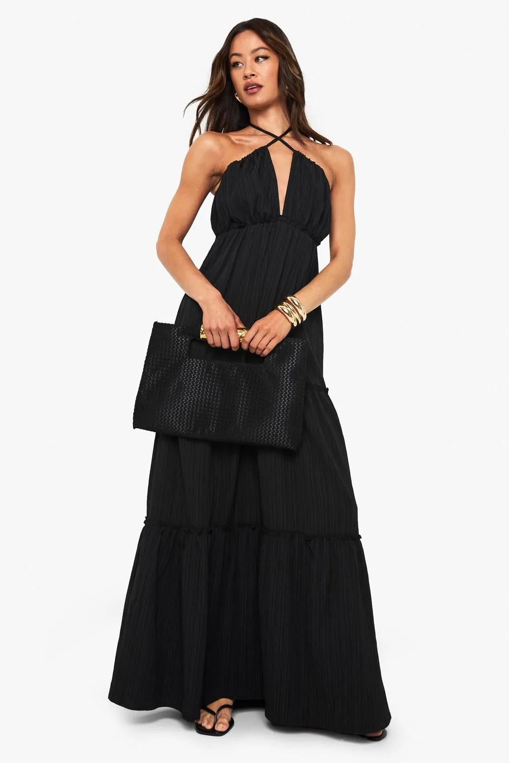 Textured Crinkle Strappy Tiered Maxi Dress by boohoo