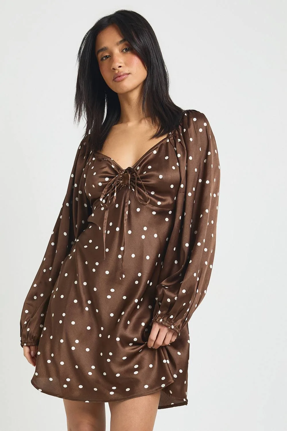 Polka Dot Volume Sleeve Satin Mini Dress by boohoo