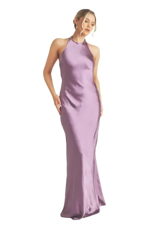 Racer Neck Satin Bridesmaid Dress by Six Stories