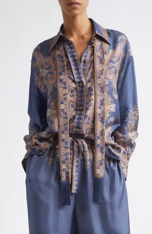 Valiant Paisley Print Tie Neck Silk Button-Up Shirt by Zimmermann