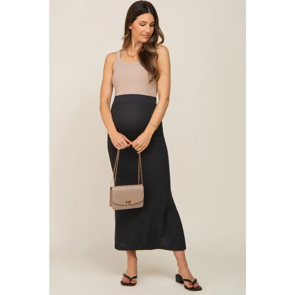 Ribbed Side Slit Midi Skirt by PinkBlush