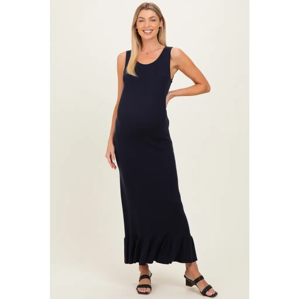 Ribbed Knit Sleeveless Ruffle Hem Maxi Dress by PinkBlush