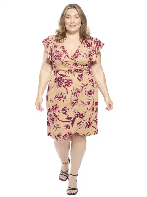 Essential Flutter Sleeve Faux Wrap Knee Length Dress by 24seven Comfort Apparel