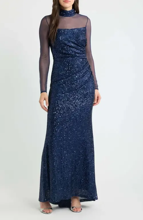 Long Sleeve Mock Neck Sequin Gown by Eliza J