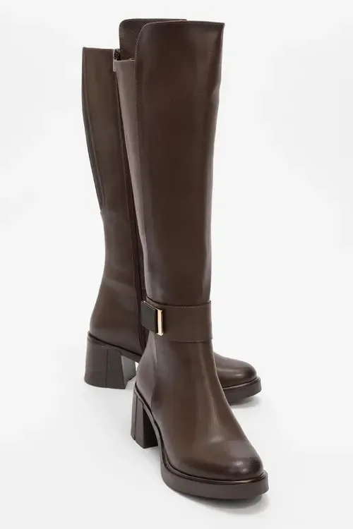 Moreni Stretch Buckle Block Heel Knee High Boot by Prologue Shoes