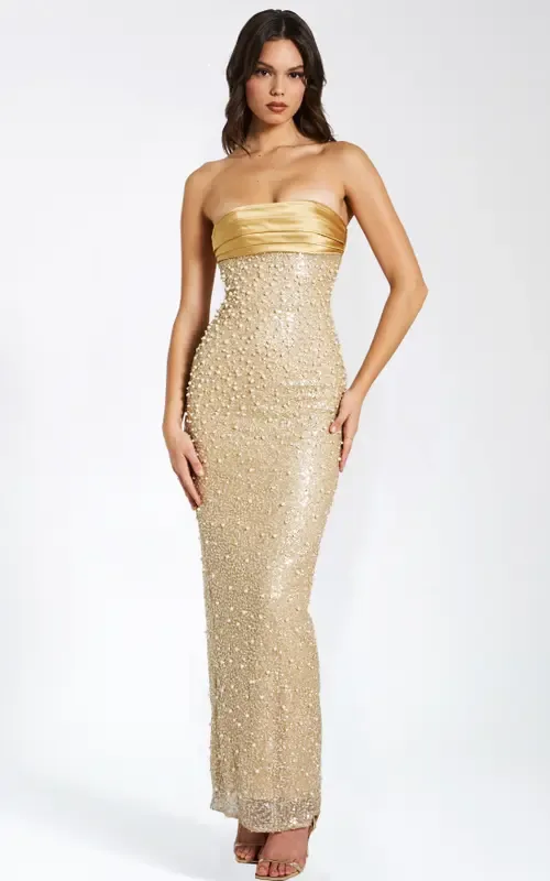 Lainey Pearl Beaded Satin Sequin Strapless Maxi Gown by Miss Circle
