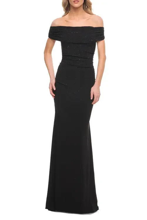 Beaded Long Jersey Off the Shoulder Gown